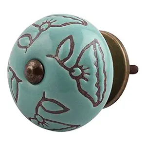 Indian-Shelf 2 Piece Green Knobs -Ceramic Door Knobs For Drawers - Calla Lily Etched Long Door Handle - 3.81 cm Handle Pulls