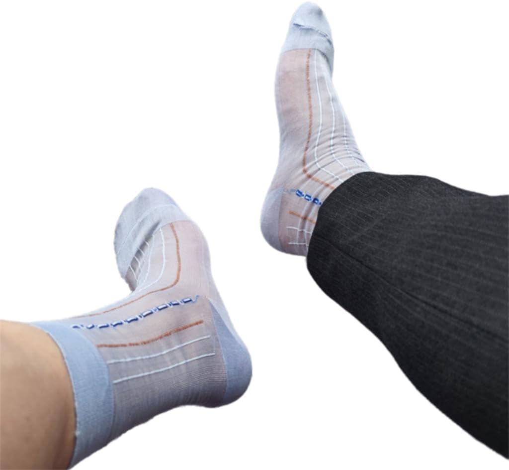 Men's Super Thin Business Dress Socks with Antislip Elastic Cuffs Soft Nylon Sheer Pattern Stockings