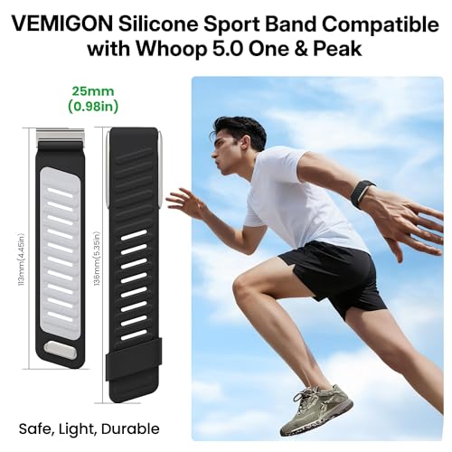 Image of VEMIGON Silicone Sport Band Compatible with Whoop 5.0 One /Peak, Life /MG, Breathable, Adjustable Waterproof Replacement Wristband Strap with Stainless Steel Frame Connector, NOT for Gen 4.0(Band only)