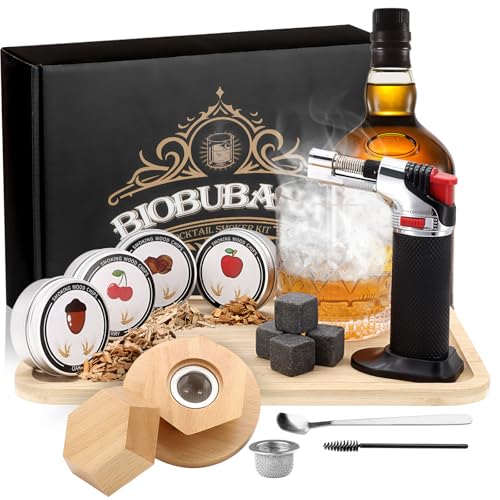 Whiskey Smoker Kit with Torch, Cocktail Drink Smoker Kit with 4 Flavors Wood Chips & Whiskey Stones Tools, Old Fashioned Bourbon Smoker Kit for Men Dad Bourbon Whiskey (No Butane) A