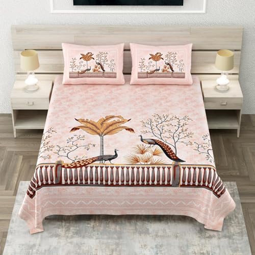 Image of 240 TC 100% Cotton Bedsheet for Double Bed King Size with 2 Pillow Covers | Breathable & Super Soft Rajasthani Sanganeri Jaipuri Printed Bed Sheet -108 * 108 Inches (Peacock 2)