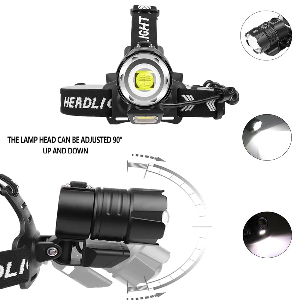 Rechargeable LED Headlamp, 990000 LM 4 Modes Headlamp Red Warning Zoomable Energy Saving, 90 Hour Standby Head Lamp, IP68 Waterproof And 90° Adjustable for Outdoor Camping Hiking Hunting Hardhat