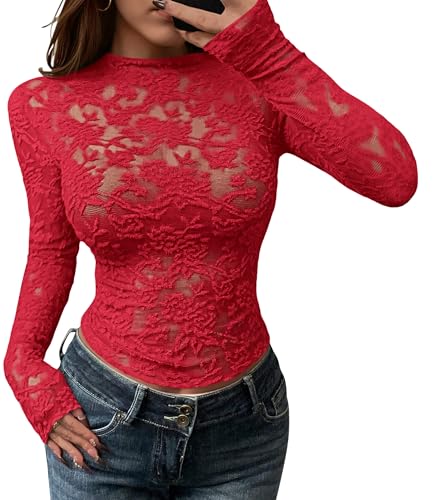 BTFBM Mesh Long Sleeve Tops for Women Sexy Lace Sheer,Red,Large