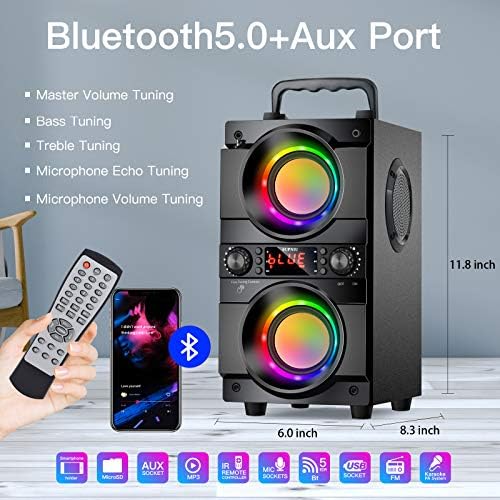 60W (80W Peak) Portable Bluetooth speaker with Double Subwoofer Heavy Bass, Bluetooth 5.0 Wireless 100ft Outdoor Speaker, Support FM Radio, LED Colorful Lights, Stereo Sound, for Home, Party, Travel