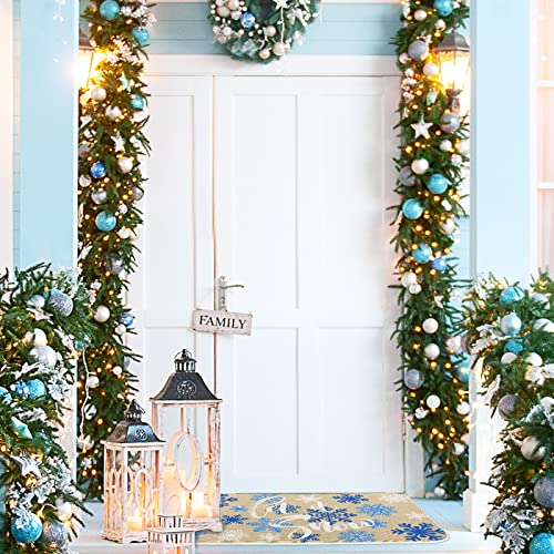 Anydesign Christmas Door Mats Blue White Snowflakes Printed Doormat Let It Snow White Linen Non-Slip Floor Mats Decorative Entrance Door Rugs For Indoor Outdoor Bathroom Decoration 17 X 29 Inch #TOP5