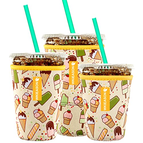 Image of Reusable Iced Coffee Insulator Sleeve for Cold Beverages and Neoprene Cold Coffee Cup Sleeves Cooler Cover 16-32OZ for Coffee Cups, McDonalds, Dunkin Donuts, More(Ice cream print)