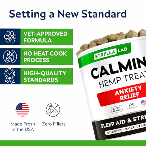 STRELLALAB Vet Formulated Hemp Calming Chews for Dogs – Anxiety Relief Calming Treats – Advanced Melatonin Pet Calm – Natural Sleep Aid & Stress, Separation Anxiety Relief – 120 Treats – Bacon STRELLALAB Vet Formulated Hemp Calming Chews for Dogs – Anxiety Relief Calming Treats – Advanced Melatonin Pet Calm – Natural Sleep Aid & Stress, Separation Anxiety Relief – 120 Treats – Bacon