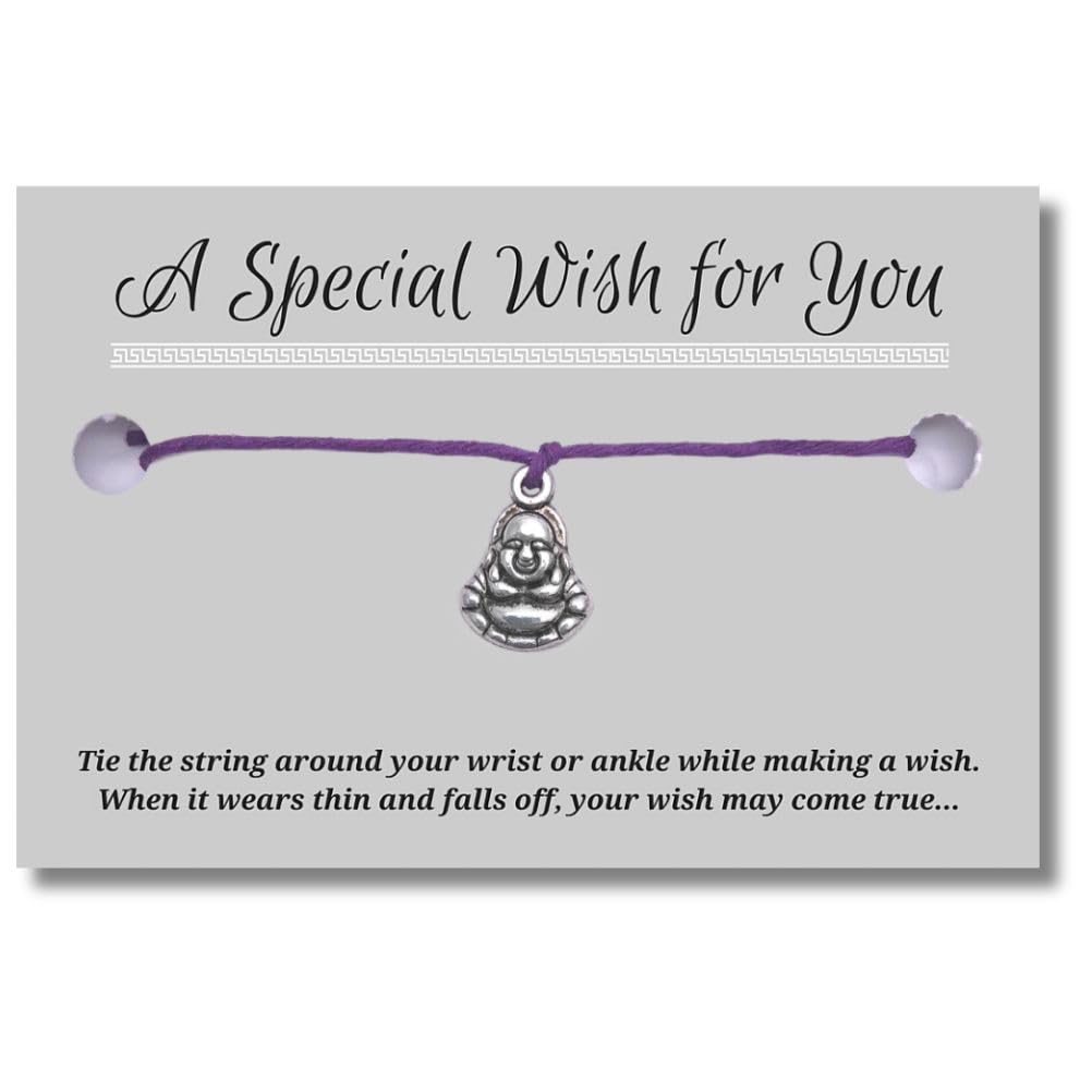 Buddha Purple Wish Bracelet, Hemp with Tibetan Silver Charm on Printed Card, 12 inches long, Adjustable Unisex Design, Friendship Anklet, Gift for Women
