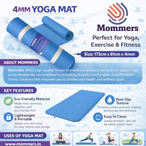 Image of Mommers Yoga Mat 4mm Thickness I Anti Slip EVA Workout Mat for Men & Women I 6x2 Feet Lightweight Exercise Mat for Yoga I Gym, Pilates & Home Workout