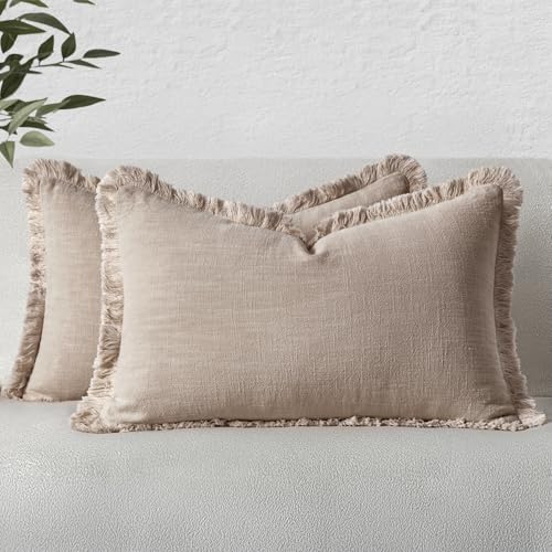 Image of MIULEE Decorative Lumbar Throw Pillow Covers Neutral Linen Fringe Throw Pillows Set of 2 Natural Linen Boho Farmhouse Cushion Covers for Couch Sofa Bed Living Room Spring Home Decor 12x20 Inch