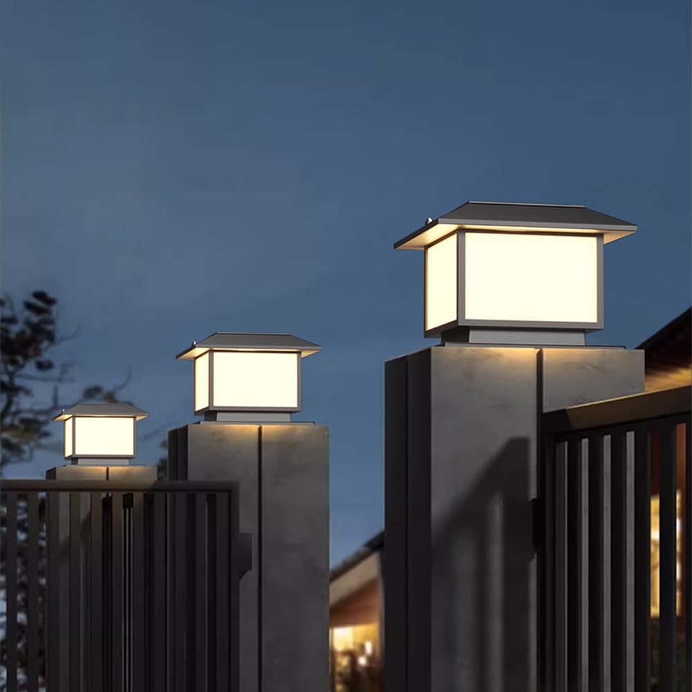 Solarne lampy słupkowe – nowoczesne oświetlenie krajobrazu LED, wodoodporne, czarne, kwadratowe światła słupkowe, zasilane energią słoneczną, na taras, do ogrodu, skrzynki pocztowej, cokołu.