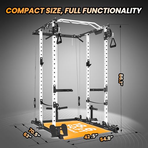 GaveeLife Power Cage, 2000 LBS Power Rack with Cable Cross-Over System, Multi-Functional Strength Training Squat Rack with LAT Pull Down System, Home Gym Equipment with Training Attachment, Red
