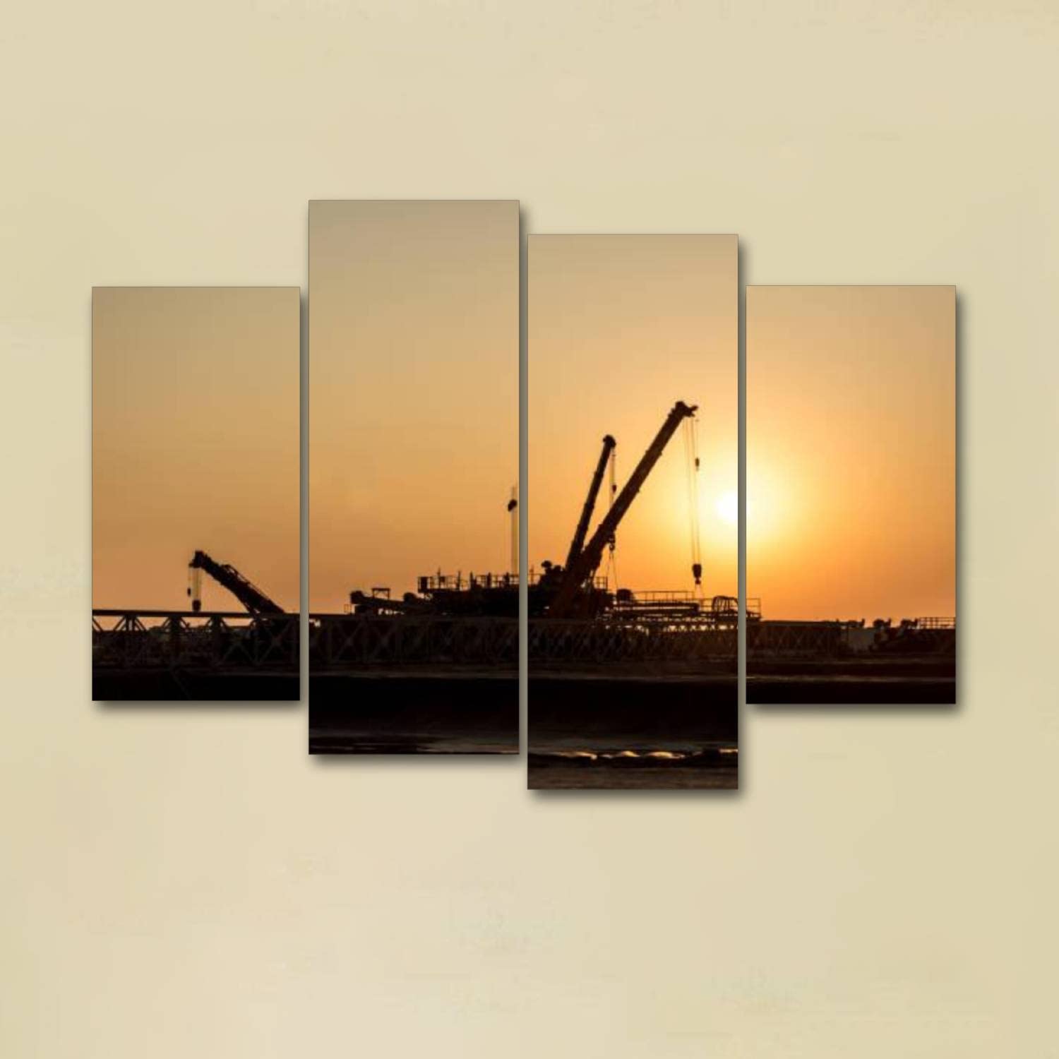 Canvas Print Artwork Oil fracking rig at sunset Wall Art Pictures Framed Digital Print Abstract Painting Room Home Office Decor Ready to Hang - 4 Panel