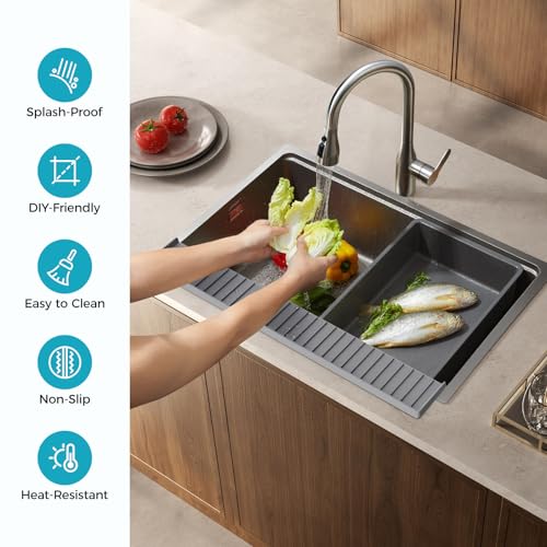 Image of Silicone Sink Edge Protector Mat - Sink Draining Mat, Edge Splash Guard & 20 inchx4 inch Multifunctional Sink Accessories with Suction Cup for Kitchen Bathroom Countertops, Granite Quartz Surfaces