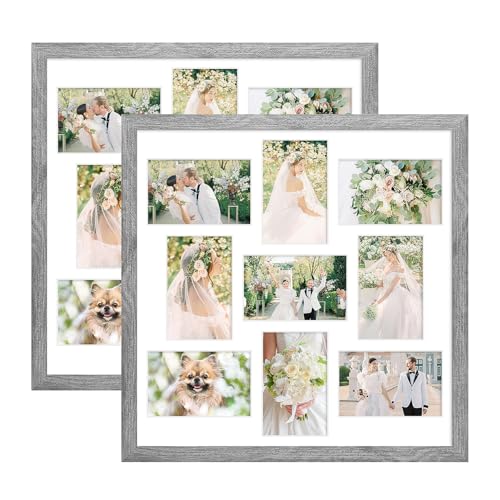 KSROECUD 17x17 Collage Frame with 9 Openings 4X6 Pictures Multiple Picture Frame with Mat Wall or Tabletop Decor Grey Wood Grain 2 Pack