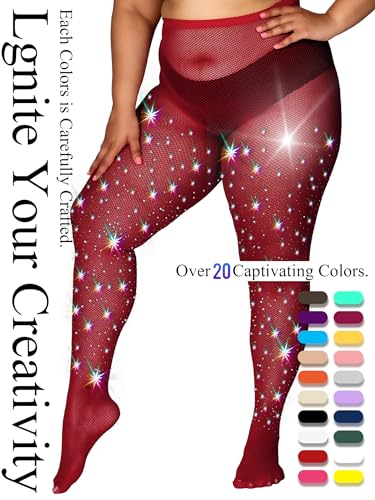 Image of HONENNA Queen Plus Size 10X Strong Rhinestone Fishnet Stockings, Ultra Sparkly High Waist Tights for Women, Party Concert