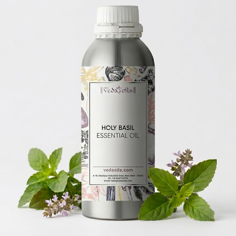 Image of VedaOils Holy Basil Essential Oil 100ml | 100% Pure, Natural & Undiluted Therapeutic Grade | Basil Oil for Mosquito Repellent, Aromatherapy, Relaxation, Hair Growth, Skin & Diffuser