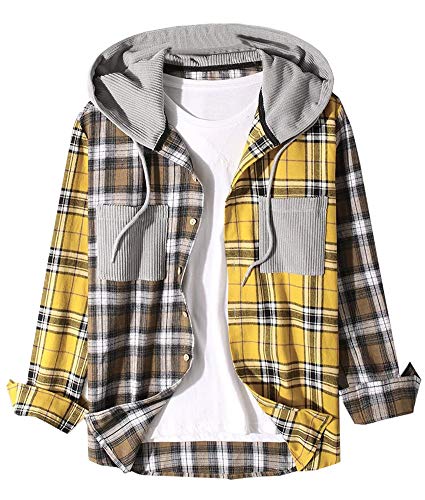 Ladyful Herren Patchwork Plaid Hoodie Cordhemd Kariert Bluse Top, Stil 1, Mittel Cover