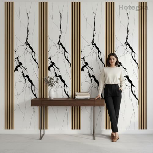 Image of Hotegxa White Marble Wooden Louvers Wallpaper for Walls | Self Adhesive Waterproof PVC Wall Sticker | Peel & Stick TV Unit Background Wallpaper for Living Room, Bedroom & Office (45 x 300 CM)