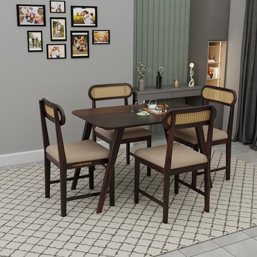 Image of Solid Sheesham Wood 4 Seater Dining Table Set for Home and Kitchen, Rattan Dining Table 4 Seater with Chairs Cane Furniture, Dining Set