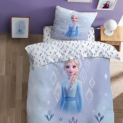 Disney Frozen Shine Parure de Lit Enfant 140x200 cm | 100% Coton | Oeko-TEX | Housse de Couette Fille 1 Personne 140x200 cm + 1 Taie d'oreiller 63x63 cm Imprimées Reversibles | Bleu Glacier