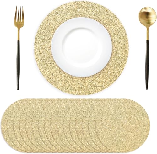 50 Pieces Gold Paper Placemats Round 13.4 Inch Disposable Glitter Table Mats Decorative Place Mats for Dinning Table Wedding Banquet Home Banquet Christmas New Years Festive Party Birthday Holiday