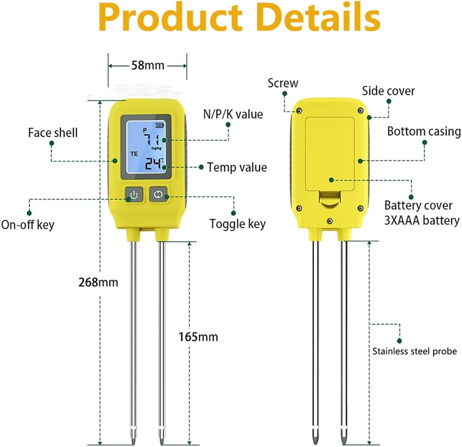 4 in 1 NPK Soil Tester Digital, LCD Soil Fertility Meter for Nitrogen Phosphorus Potassium & Temperature Measurement, High Accuracy Soil Analyzer