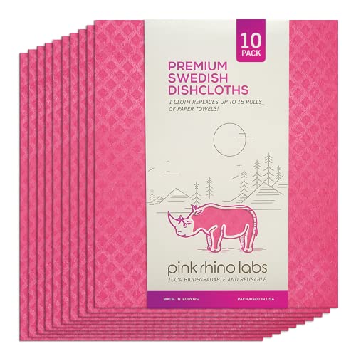 PINK RHINO LABS Swedish Dishcloths – Eco-Friendly Reusable Kitchen Towels – 10 Pack Cleaning Cloths for Dishes, Counters & Surfaces – Super Absorbent, Compostable, Zero-Waste Alternative