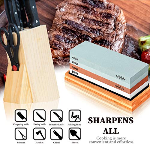 LOVEETA Sharpening Stone Whetstone Knife Sharpener - Wet Stones Kit Premium Dual Side Grit 400/1000 3000/8000 Waterstone Set with Non Slip Bamboo Base, Flattening Stone and Angle Guide - Thumbnail 3