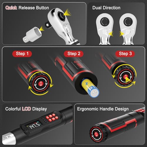 Image of VANPO Digital Torque Wrench 1 /2-Inch 7.38-147.5 ft-lb for Automotive | 10-200 Nm, ±2% Accuracy, Electronic Torque Wrench with LCD Display, Audible & Vibration Alert, Easy Battery Access