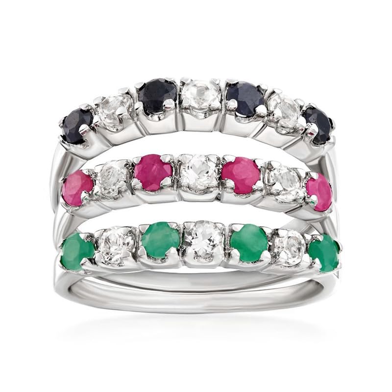 925 Sterling Silver Ruby Emerald Sapphire 3 Ring Set Eternity Band Gift For Her Silver Jewelry Women Ring2