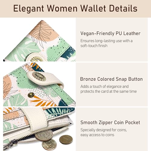 Image of Kelvoris Boho Leafs Abstract Art Small Rfid Women Wallet Bifold Zipper Coin Pocket PU Leather Compact Cash Credit Card Holder Travel Wallet for Female Ladies Teen Girls 1 ID Window 10 Card Slots