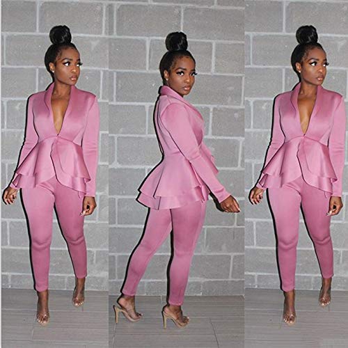 Elegant Jumpsuits Outfits for Women- Long Sleeve V Neck Peplum Ruffle Raw Hem Pullover Tops Bodycon Long Pants Sets Tracksuit Pink XL