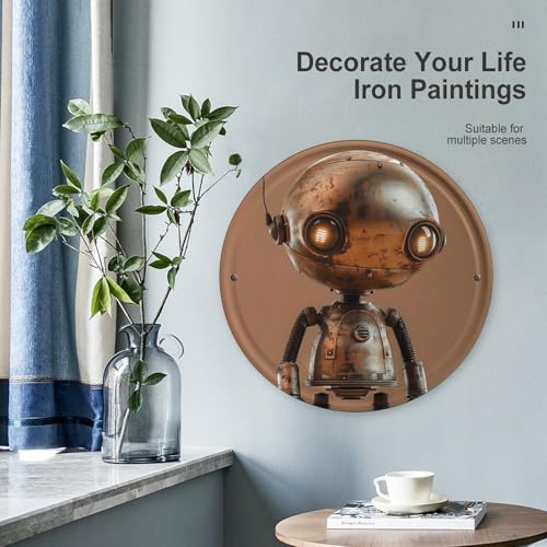 Image of 11.8 X 11.8 Inches Circular Iron Hanging Picture Little Brown Robot Printed Modern Iron Plate Hanging Painting Round Art Hanging Picture for Home Wall Decor