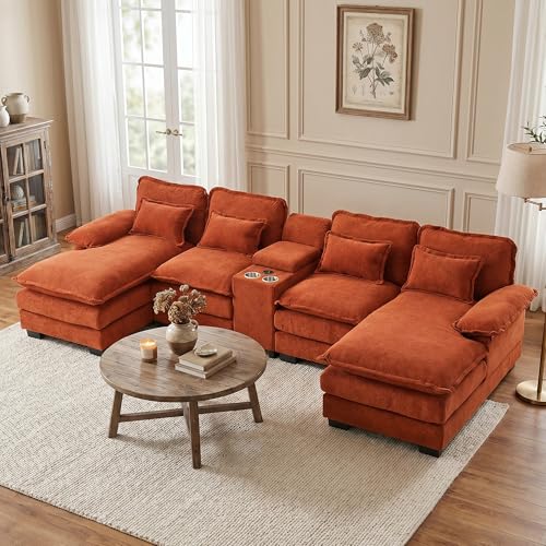 133 U Shaped Cloud Couch with Console 2 Chaise USB Cup Holder Orange
