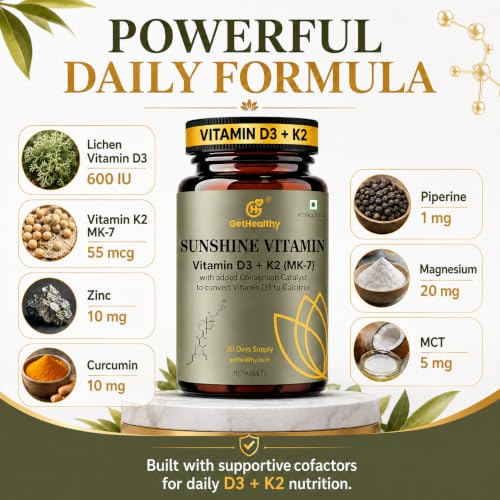 Image of GetHealthy Sunshine Vitamin Premium Vegan Vitamin D3 K2 MK7 Tablets | Lichen D3 600 IU + MK-7 55 mcg with Zinc, Curcumin, Piperine, Magnesium & MCT | Bone, Heart & Immune Support | Lab Tested | 30 Day Supply