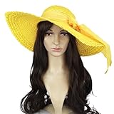 Funnywe Fashion Straw Derby Cap Womens Flax Bow Wide Large Brim Summer Beach Sun Hat