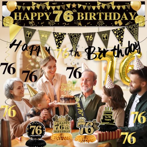 Image of 76th Birthday Decorations for Men, Black Gold 76th Party Decoration Kits