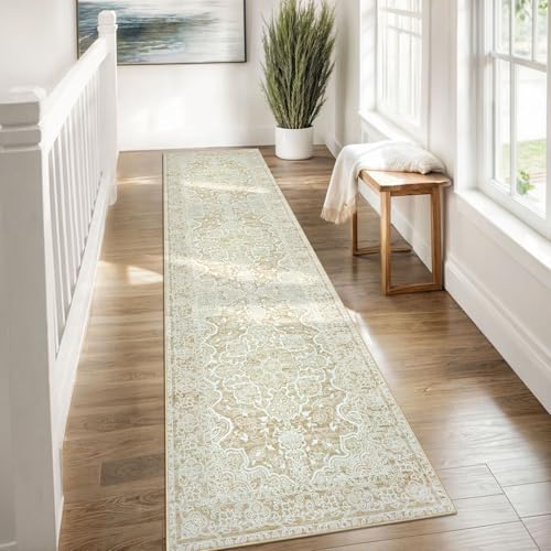 KUTA Hallways Runner Rug 2x8 Beige Yellow, Vintage Floral Kitchen Rugs Non-Slip Washable Ultra Soft Printed Retro Distressed Flower Carpet Entryway Runers for Bedroom Nursery Hallways
