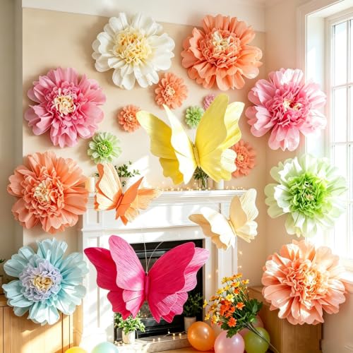 Image of SUNBEAUTY Giant Paper Flowers Large Hanging Butterfly Decorations 10'' 17'' 3D Paper Butterfly Pastel Tissue Paper Flower Decorations for Girls Women Birthday Spring Garden Garden Wedding Party Decor