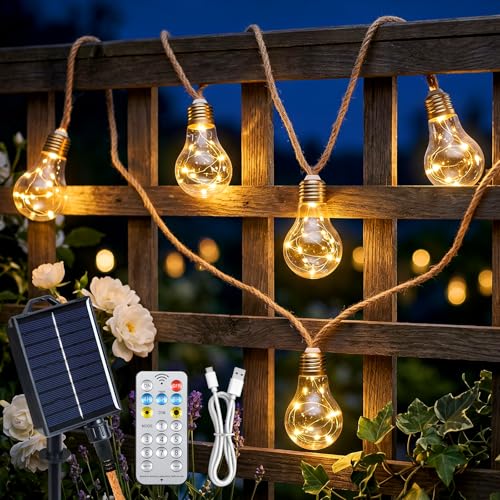 Ninonly Guirnalda Luces Exterior Solar, 8m 16 Bombillas Luces Solares Impermeable, 8 Modos 160 LEDs Luz Cálida, Iluminacion Decoracion para Jardín Balcón Boda Fiesta
