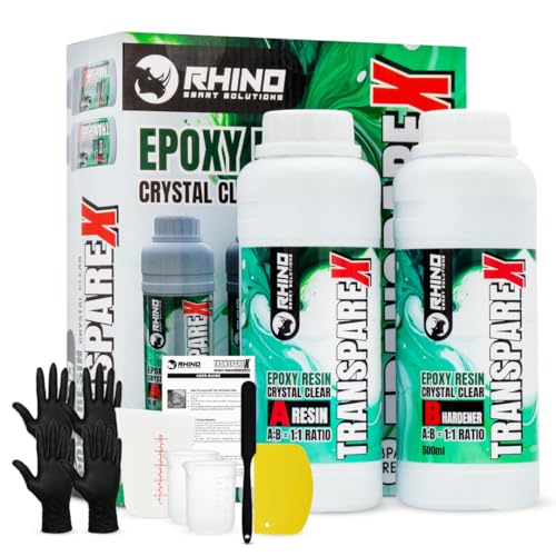 Kit Resina Epoxi Transparente RHINO Smart Solutions TRANSPAREX 1000ml para Manualidades - 500ml Resina Líquida Transparente + 500ml Endurecedor (1:1) para DIY, Arte, Modelado, Joyería, Bricolaje