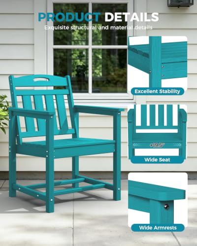 Image of Ciokea HDPE Outdoor Patio Dining Chairs Set of 2, All-Weather Porch Chair with Wide Seat, Durable Outdoor Furniture for Backyard, Garden, Lawn & Poolside, Lake Blue