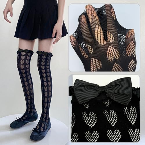 Image of Thigh High Stockings with Bow, Santa Accessory Y2K Fishnet Socks with Lace Brim Lingerie Tights for Women