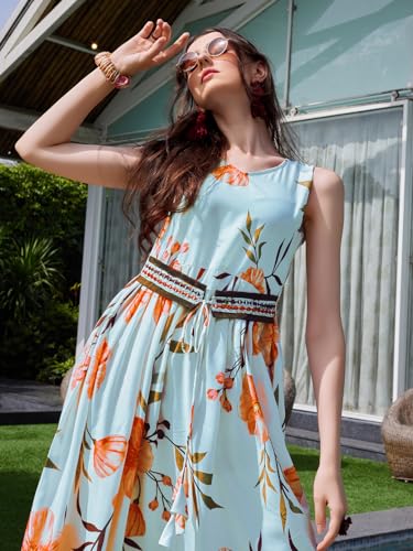 Image of EthnicJunction Women's Silk Blend Anarkali Floral Print Sleeveless Kurta with Attached Blet