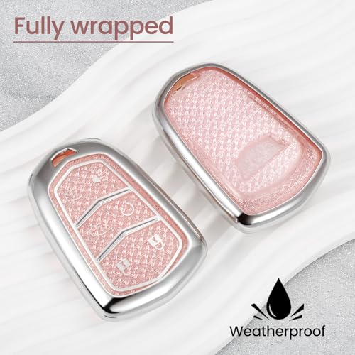 Image of for Cadillac Key Fob Cover with Fashionable Zirconia Wristlet KeyChain, Enchanting Diamond Patterns Soft Case for Escalade ATS XT4 /5 /6 XTS SRX STS (Pink, A2)