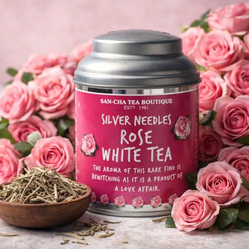 Image of Sancha Tea Boutique, Rose White Tea, 25g Loose Leaf Silver Needle White Tea, Blended with Indian Wild Rose Petals, Floral Premium Tea