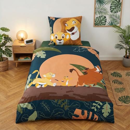 Aymax Parure de Lit Roi Lion avec Simba, Timon et Pumba, Polycoton, Housse de Couette 140x200 cm + Taie d'oreiller 65x65 cm, Certification Oeko-Tex