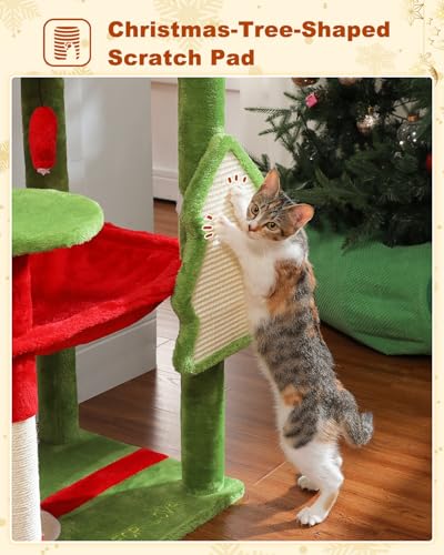 Image of MUTTROS Cat Christmas Tree for Indoor Cats - 56.3 inch Cat Proof Christmas Tree Tower with Large Hammock, 3 Scratching Posts & 3 Christmas Toy Balls - Holiday Cat Tree with Festive Decor, Christmas Red