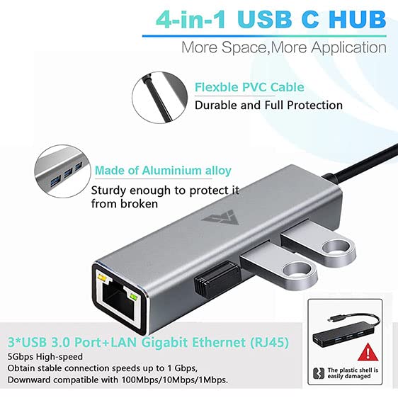Image of Vaku Luxos USB Type C Hub Ethron 4IN1 multiport USB 3.0 High-Speed Adapter connector (5GBPS) data transfer Converter Extension with RJ45 Ethernet Port docking station USB A Port Compatible with Macbook Air Pro (M1, M2 etc), iPad Pro Air, Laptop, and Other Type C Mobile & Devices
